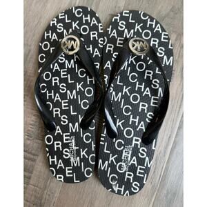 Michael Kors Flip Flops Black Logo Print Thong Sandals Women’s Size 8